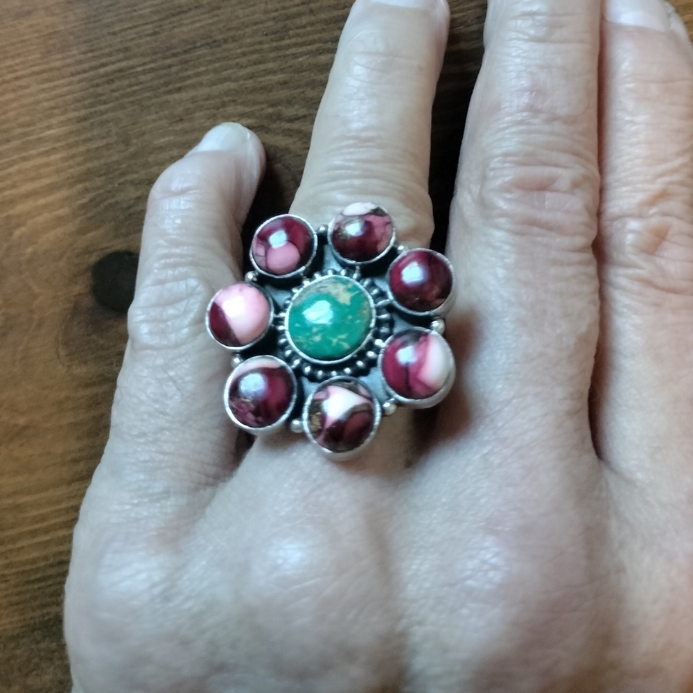 Nizhoni Sterling Silver Turquoise, Dahlia Rose Ring